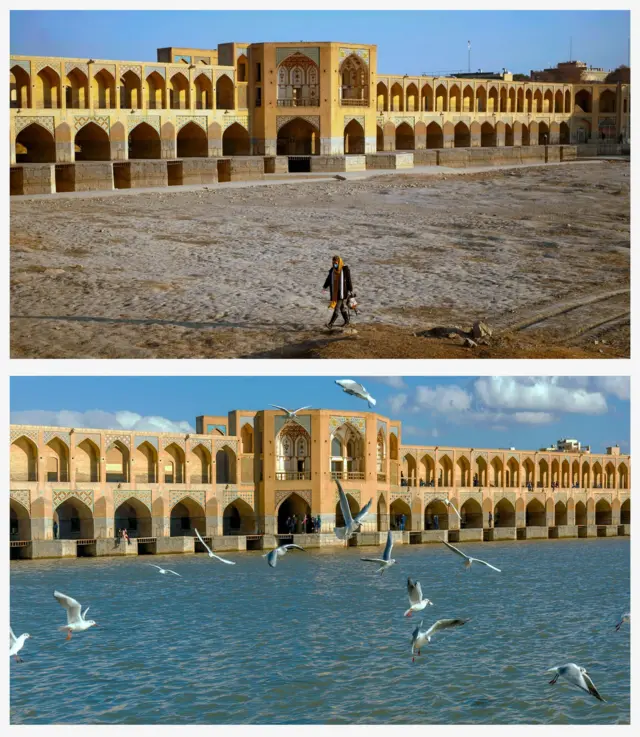 El río Zayandeh Rud fluye a través de los arcos del puente Khaju con pájaros volando sobre él el 18 de diciembre de 2020 (abajo), pero más recientemente se ha secado, con una mujer caminando por el lecho seco del río el 14 de diciembre de 2021 (arriba).