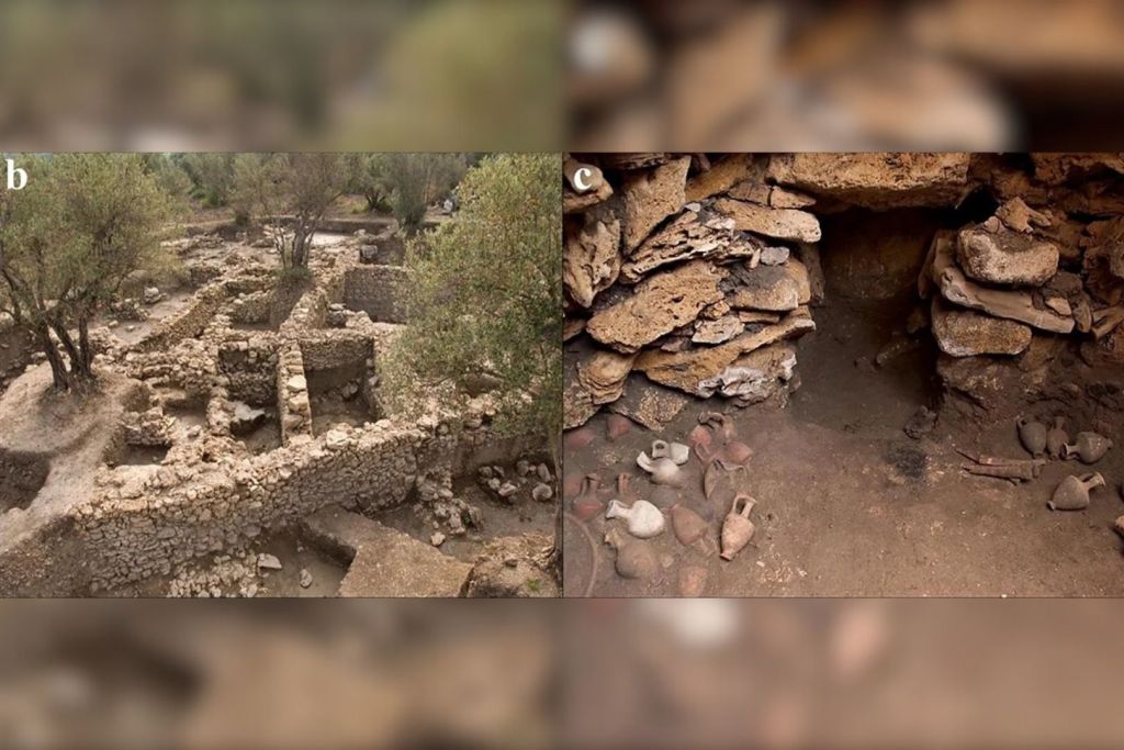 A la izquierda, estructuras domésticas de las edades del Bronce e Hierro halladas en el sector A; a la derecha, tumba de la Edad del Bronce Medio con cerámicas chipriotas