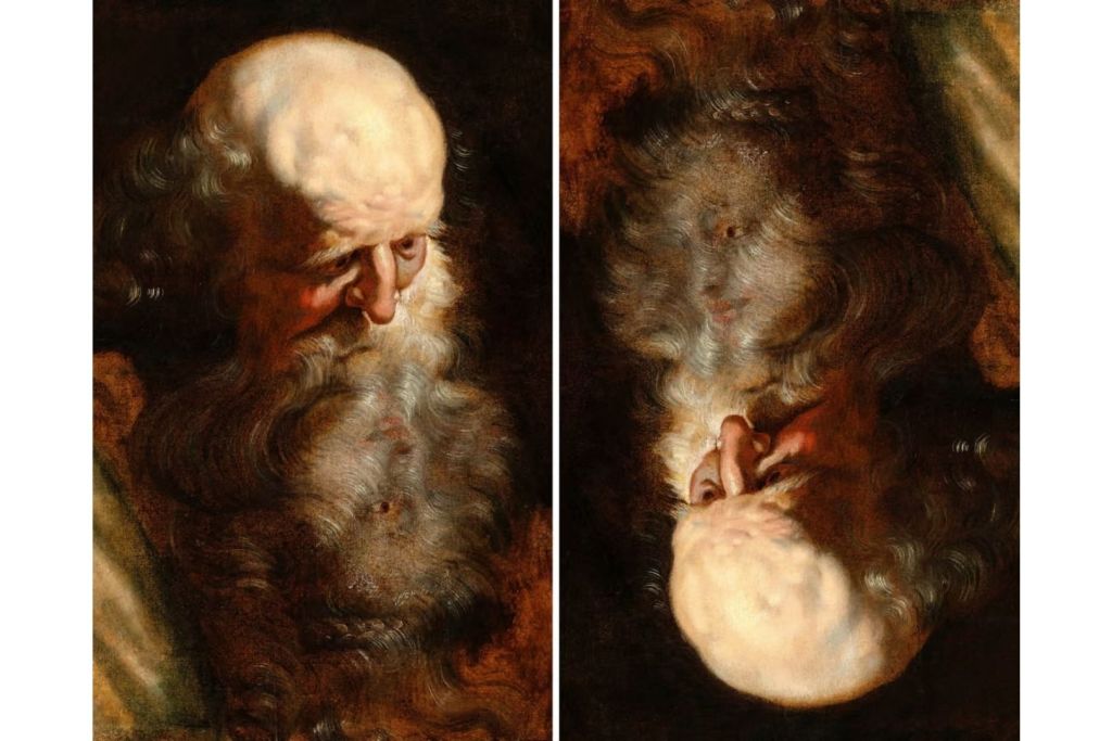 El retrato del anciano fue realizado sobre una hoja de papel reutilizada, y al girar la obra, emerge entre los trazos de la barba la silueta apenas visible de una cabeza femenina, como un eco oculto bajo la superficie original