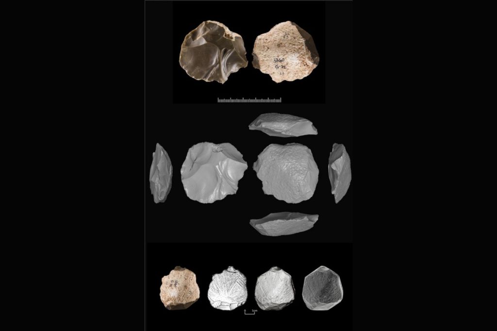 Este núcleo Levallois con grabados en la corteza fue descubierto en la cueva de Manot, en la región del Levante, junto a otros artefactos del Paleolítico Medio