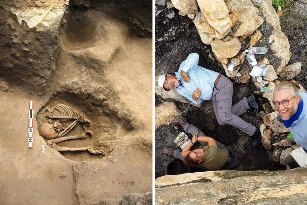 El equipo liderado por los arqueólogos Louiza Aoudia, Alfredo Coppa y Giulio Lucarini durante la excavación de una tumba neolítica en el sitio arqueológico de Doukanet el Khoutifa, en Túnez