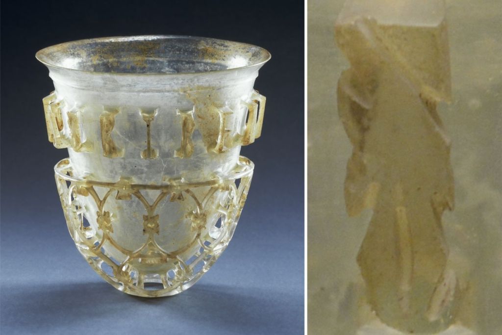 Vaso romano de vidrio calado, descubierto en Colonia y fechado entre los años 350 y 400 d.C., que conserva en uno de sus lados una inscripción en latín