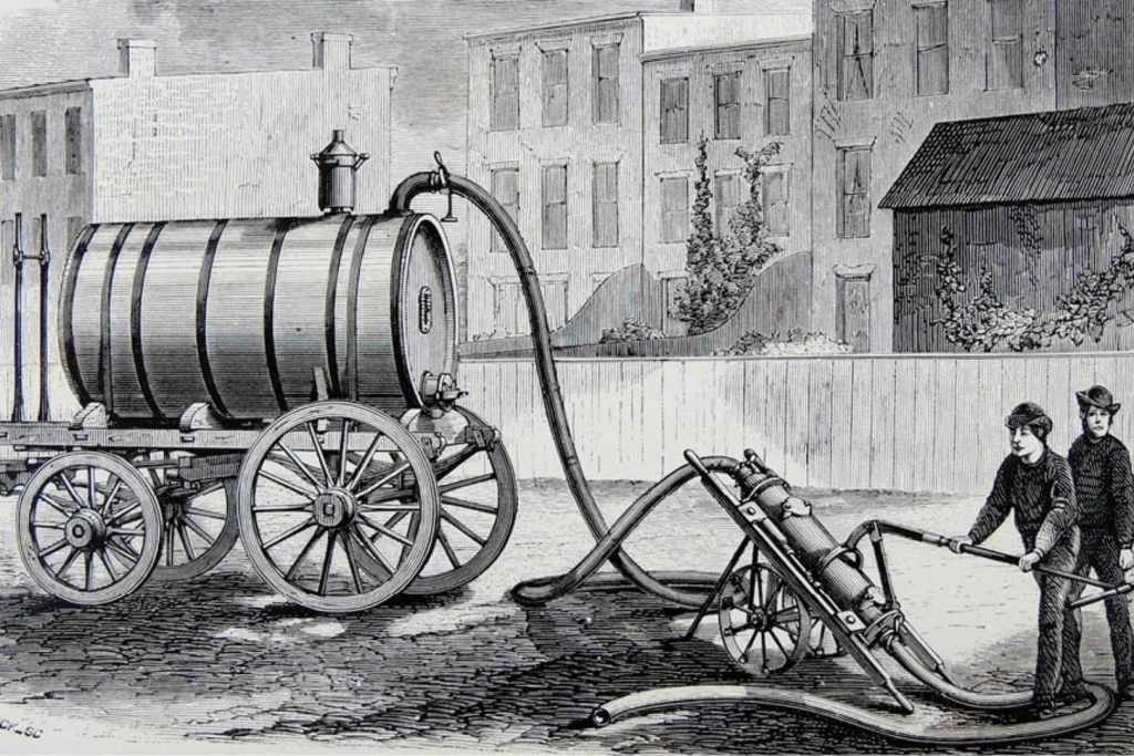 Una ilustración publicada en The Practical Magazine en 1874 muestra una bomba de vacío diseñada para extraer residuos humanos de pozos negros