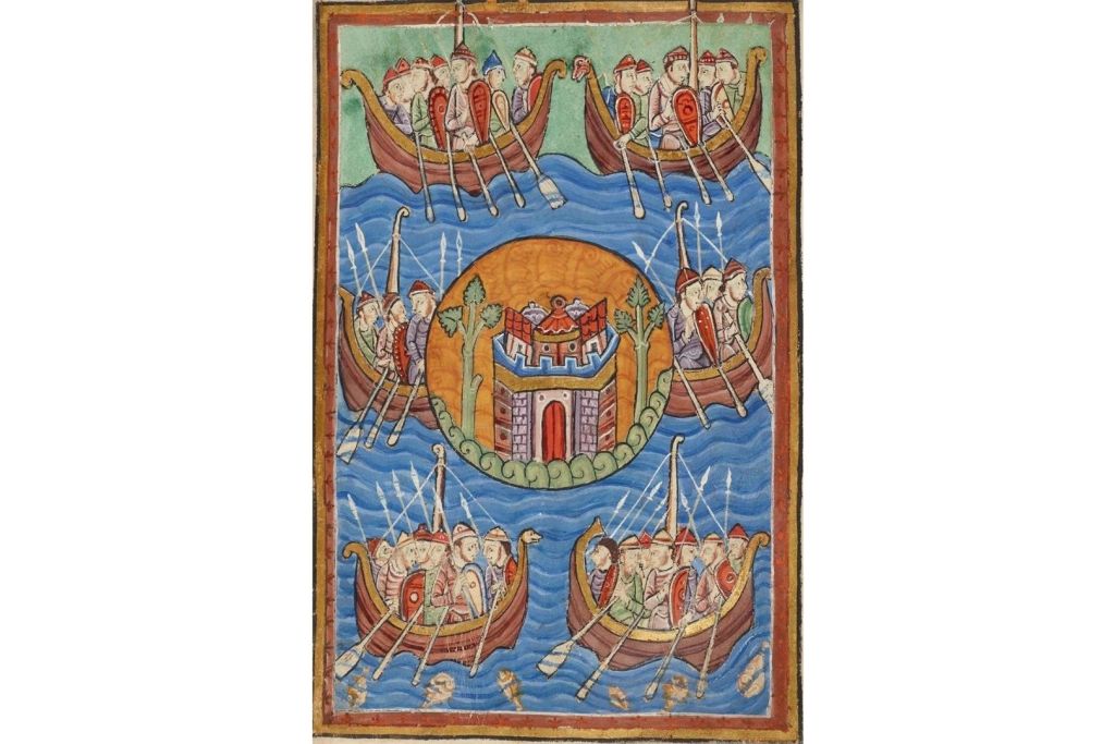 Ilustración de 1130 que representa a sajones, jutos y anglos cruzando el mar rumbo a Britania