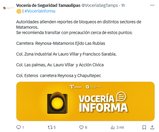 Por medio de sus redes sociales, la Vocería de Seguridad de Tamaulipas alertó a la ciudadanía de tener precaución ante los hechos violentos. X/ @VoceriaSegTamps Por medio de sus redes sociales, la Vocería de Seguridad de Tamaulipas alertó a la ciudadanía de tener precaución ante los hechos violentos. X/ @VoceriaSegTamps