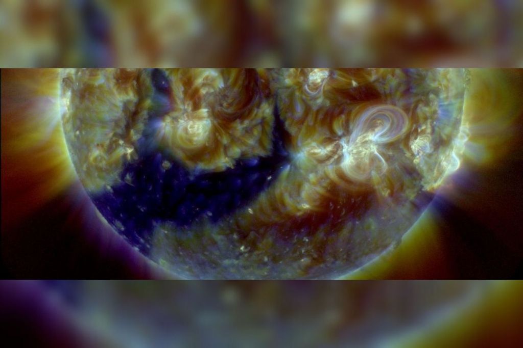 Imágenes del Sol en longitudes de onda ultravioleta extrema muestran una enorme abertura con forma de bigote extendiéndose por el hemisferio sur de su superficie