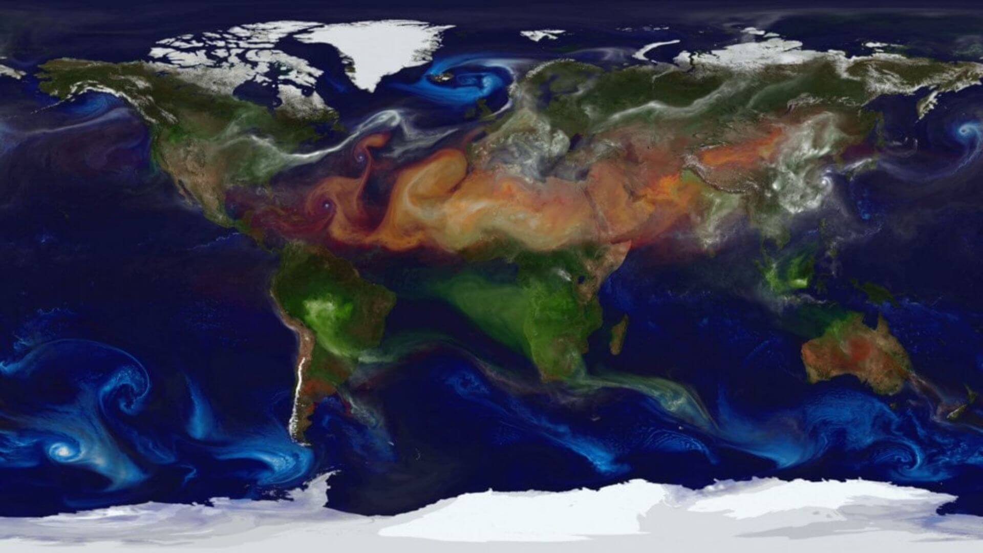 Imagen en la que se ven en color marrón las masas de aire con polvo sahariano. Fuente: NASA
