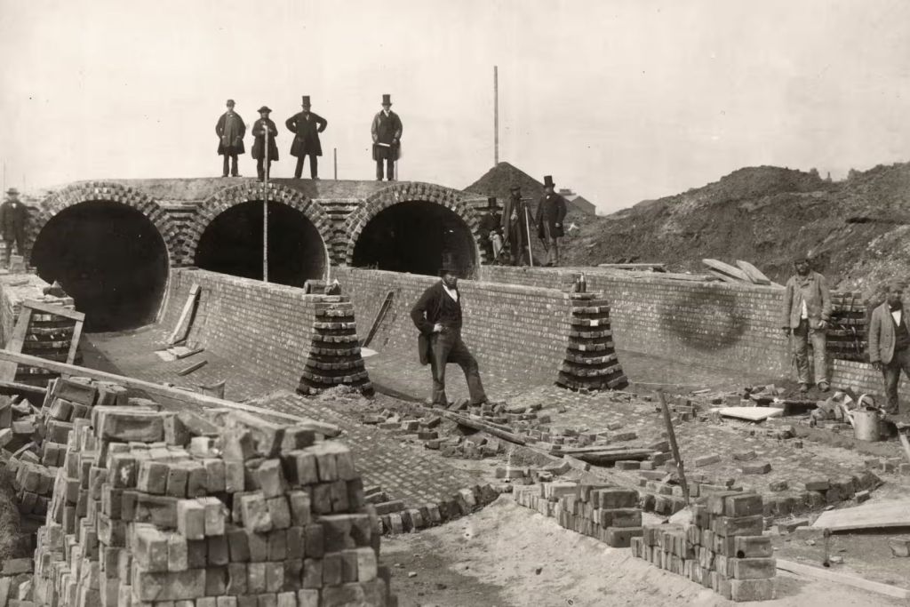 Joseph Bazalgette supervisa las obras del colector del norte, justo debajo de la estación de bombeo de Abbey Mills, en el este de Londres, durante la construcción del gran sistema de alcantarillado victoriano