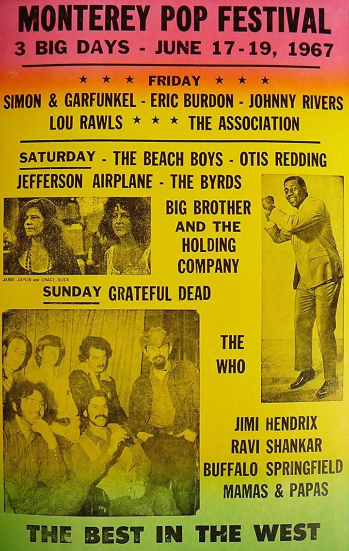 Un flyer con el listado de artistas del Monterey Pop Festival.