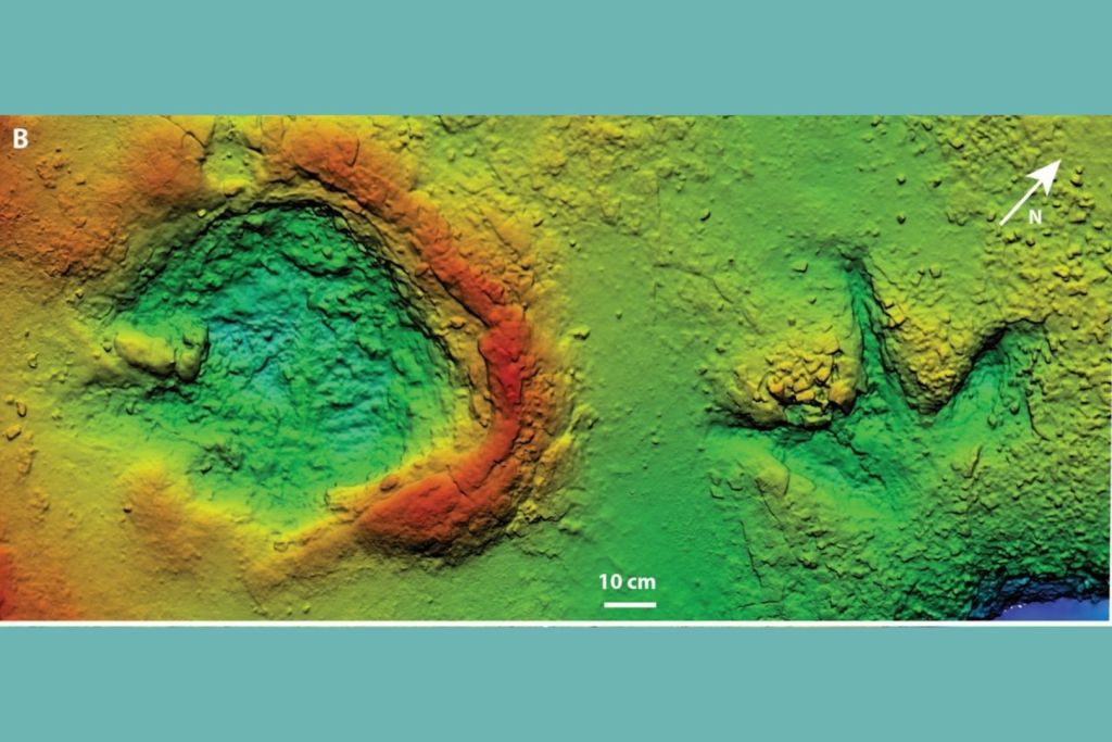 Reconstrucción 3D del terreno en el sitio Skyline, mostrando las huellas clave y su nivel de profundidad