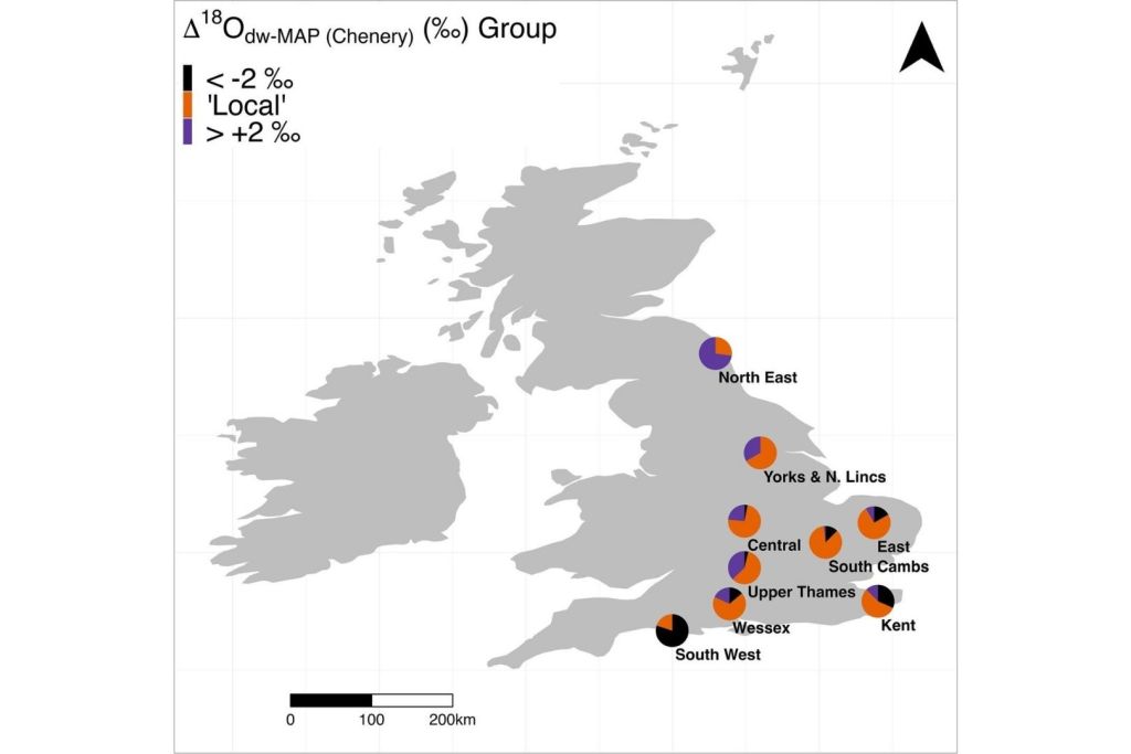 Mapa de las regiones de la Inglaterra altomedieval según la proporción de individuos con valores isotópicos de oxígeno distintos al entorno local