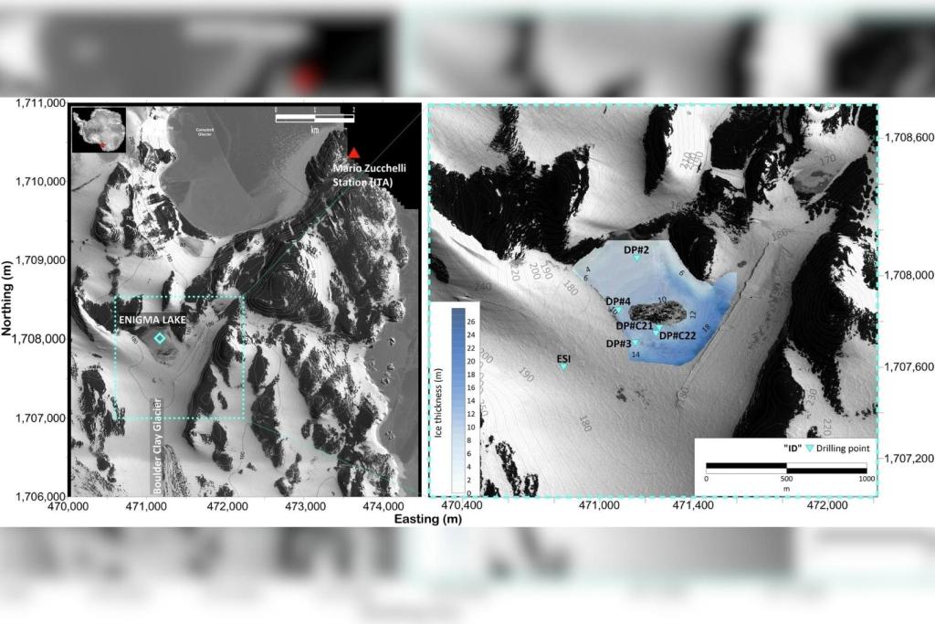 Las estribaciones septentrionales de Tierra de Victoria, en la Antártida, albergan una gran diversidad de formaciones hidrológicas, que van desde arroyos y lagunas superficiales alimentadas por el deshielo de glaciares o nieve, hasta lagos congelados con bolsas de agua salobre atrapadas en el permafrost