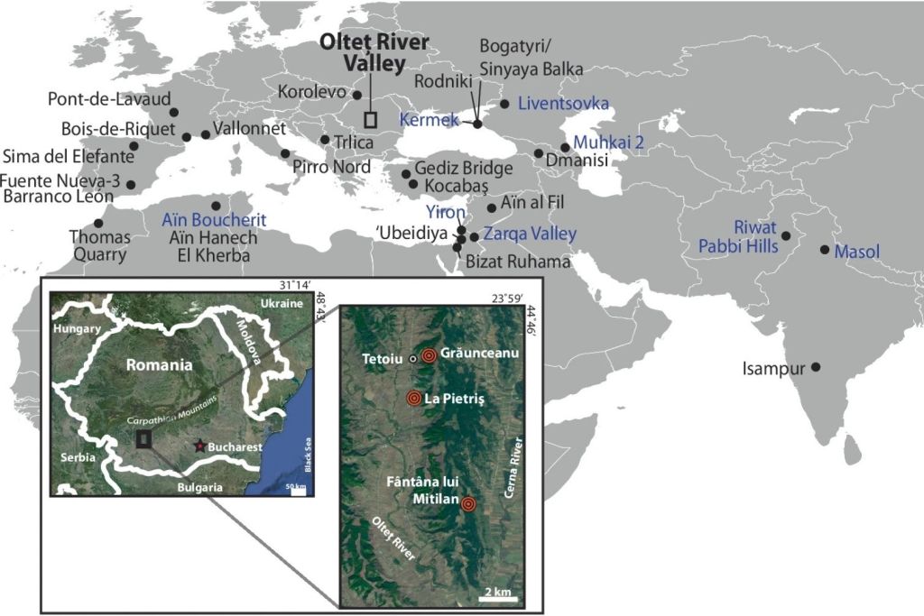 Mapa de yacimientos fósiles que evidencian la presencia de homínidos (ya sea por fósiles, herramientas líticas o huesos con marcas de corte) en el norte de África y Eurasia antes de 1 millón de años