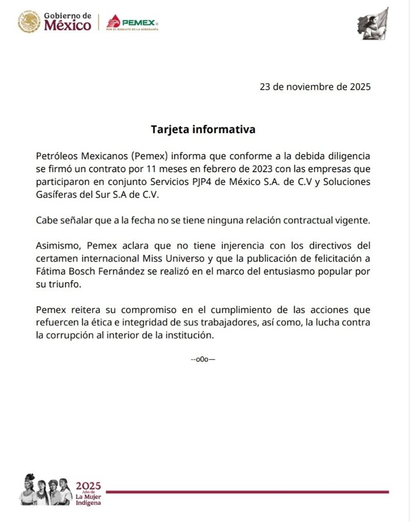 La petrolera estatal afirmó que no cuenta con ninguna relación contractual vigente con Servicios PJP4 de México S.A. de C.V. y Soluciones Gasíferas del Sur S.A. de C.V. ESPECIAL La petrolera estatal afirmó que no cuenta con ninguna relación contractual vigente con Servicios PJP4 de México S.A. de C.V. y Soluciones Gasíferas del Sur S.A. de C.V. ESPECIAL