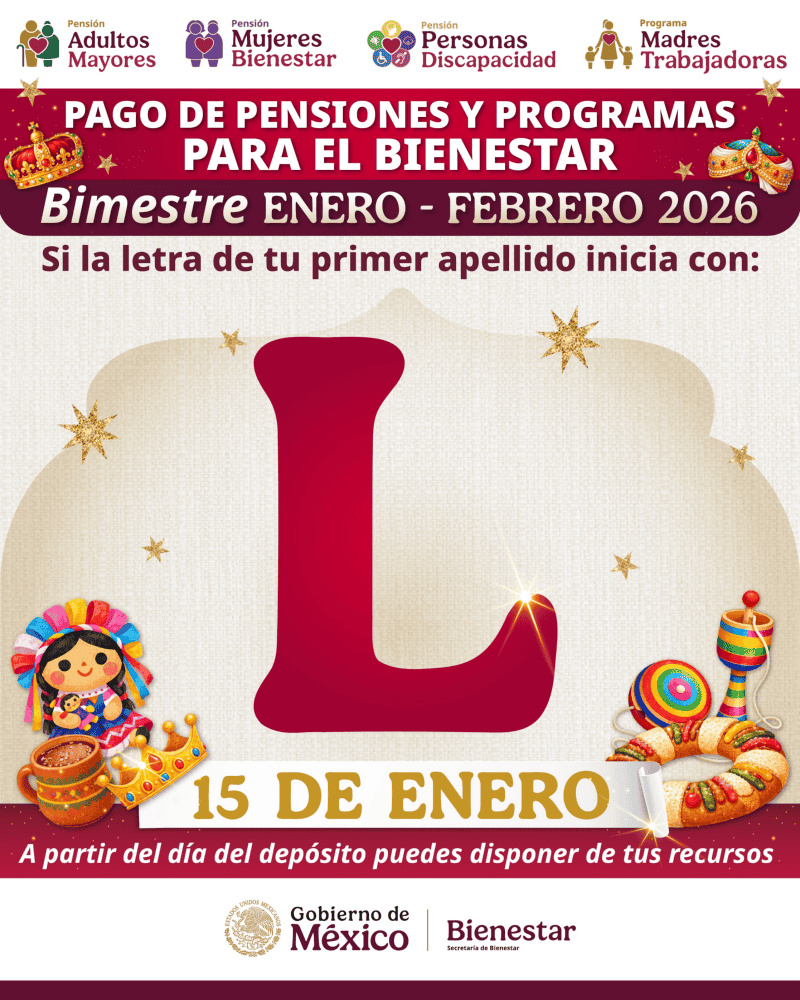  El jueves 15 de enero el turno es de las personas que tienen un apellido paterno que comienza con la letra L. ESPECIAL