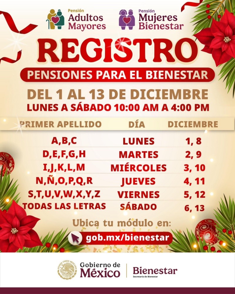 Calendario de registro Pensión Bienestar diciembre 2025. ESPECIAL 