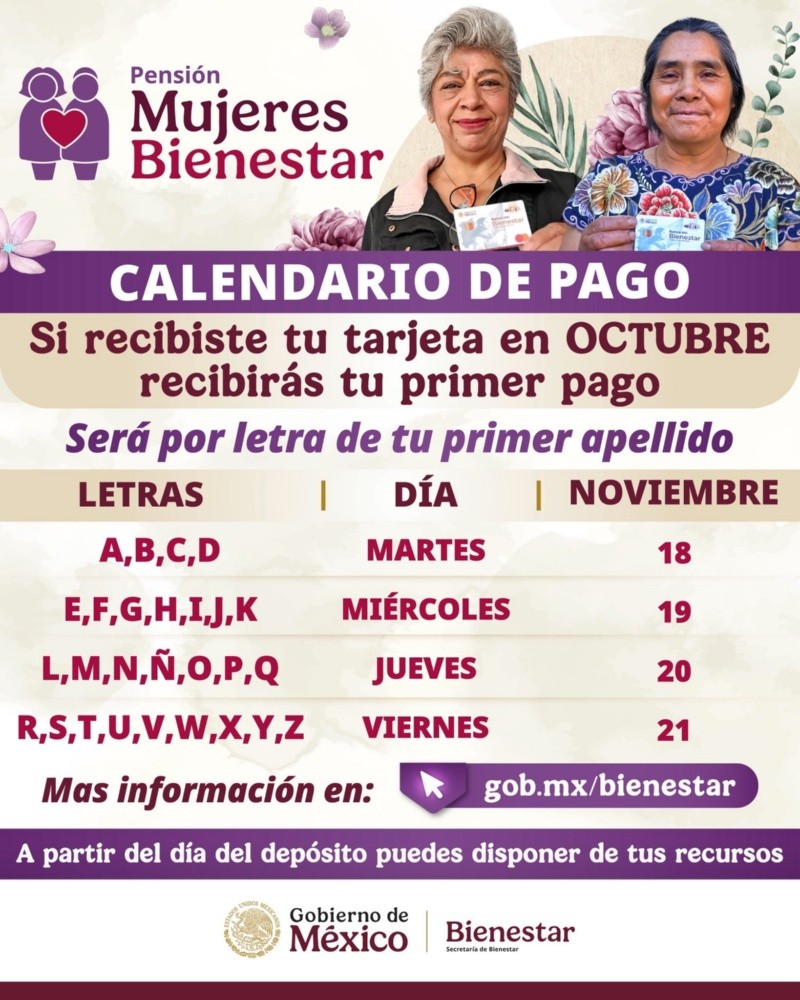 Calendario de pagos para nuevas beneficiarias de la Pensión Mujeres Bienestar. ESPECIAL Calendario de pagos para nuevas beneficiarias de la Pensión Mujeres Bienestar. ESPECIAL
