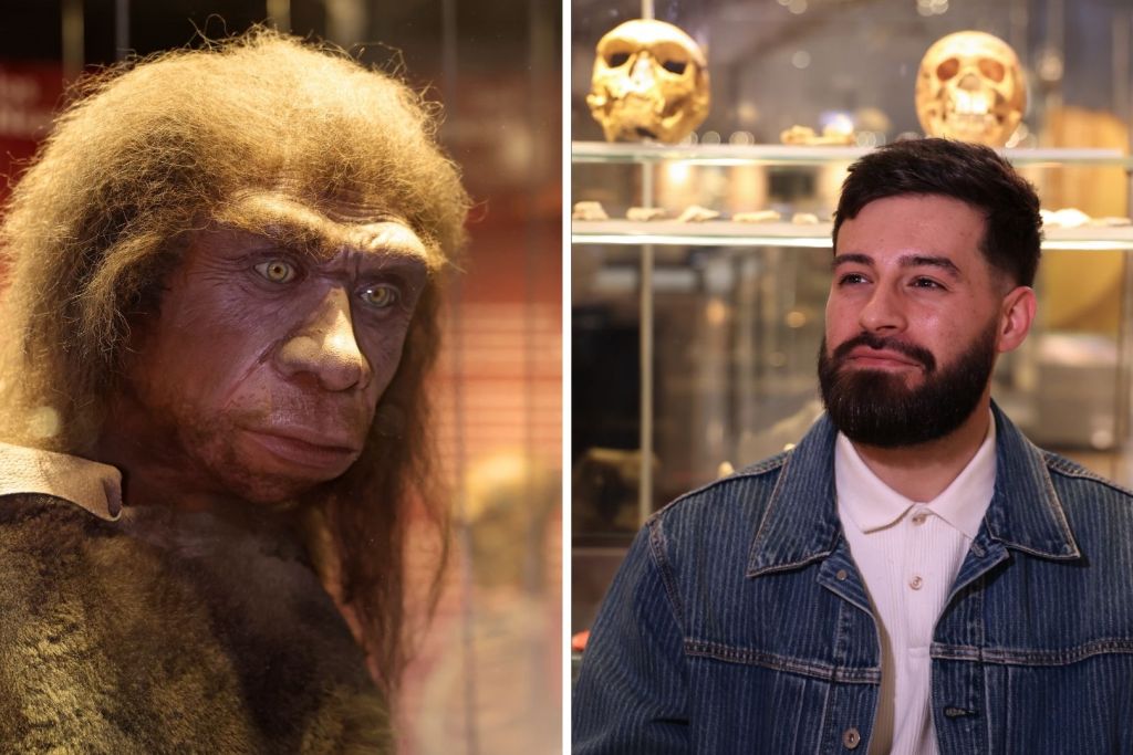 Una reconstrucción detallada de un neandertal junto al paleoantropólogo José María López-Rey Pérez