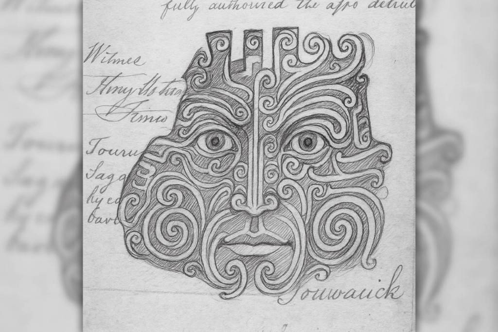 Recreación de una firma maorí en un documento, haciendo uso del moko