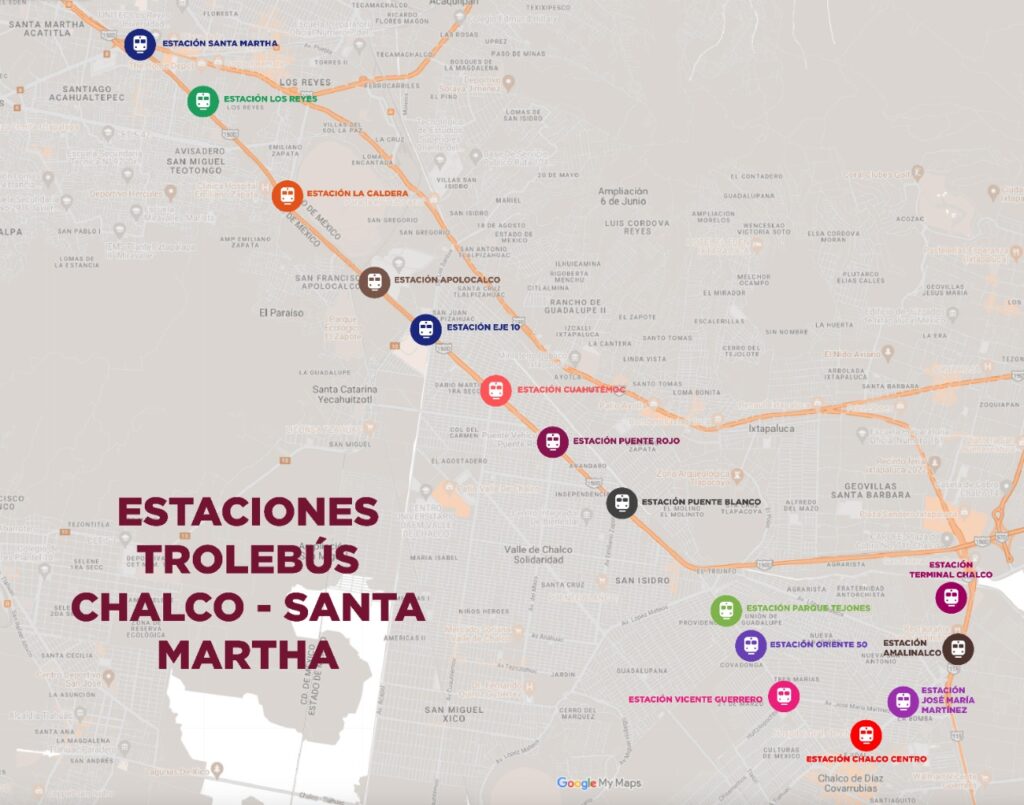 Ruta y estaciones del Trolebús Chalco-Santa Martha