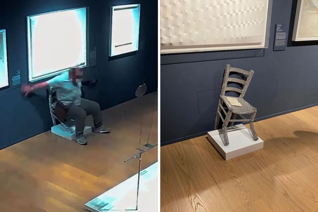 El momento en el que el turista se caía encima de la silla creada por el artista Nicola Bolla, captado por las cámaras de seguridad (izquierda). Y el estado en el que la silla quedó posteriormente (derecha)