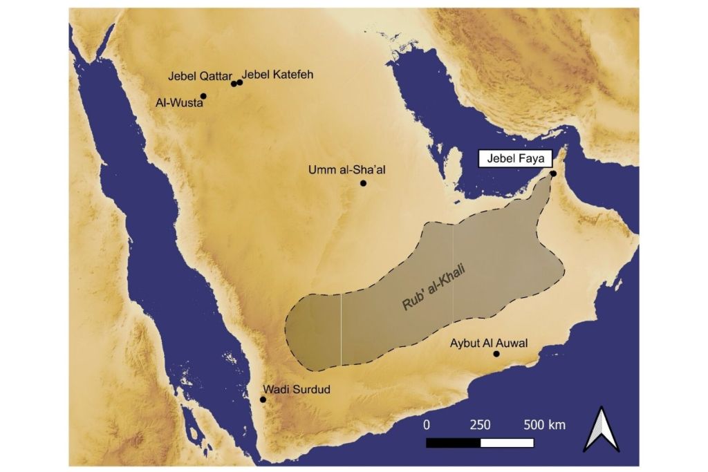 Ubicación del yacimiento arqueológico de Jebel Faya, donde se han descubierto recientes herramientas de piedra de 80.000 años de antigüedad