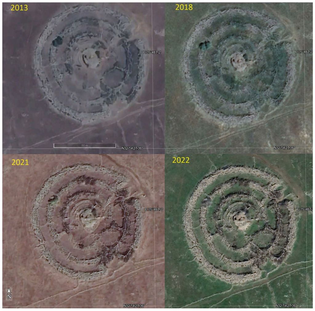 El sitio de Rujm el-Hiri captado desde el espacio en distintas épocas del año y diferentes años