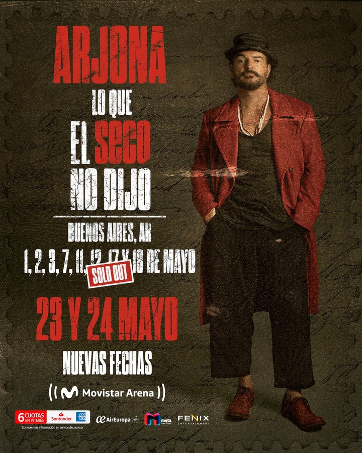 El nuevo afiche con las nuevas fechas de la visita de Ricardo Arjona a Argentina en 2026.
