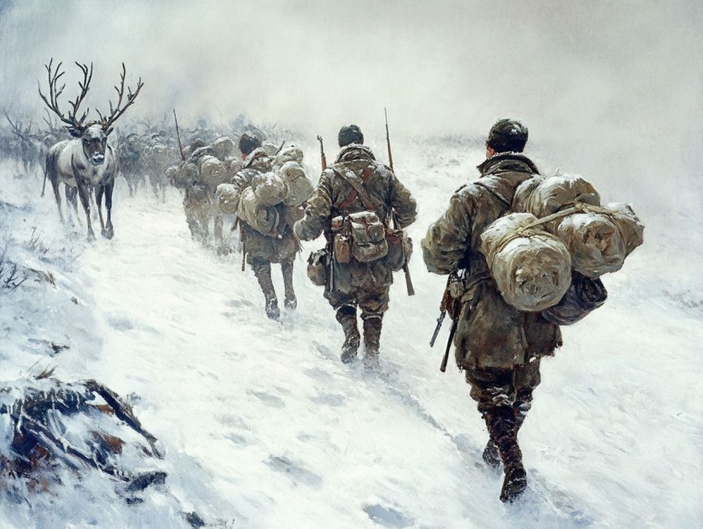 Ejército ruso y renos en la nieve