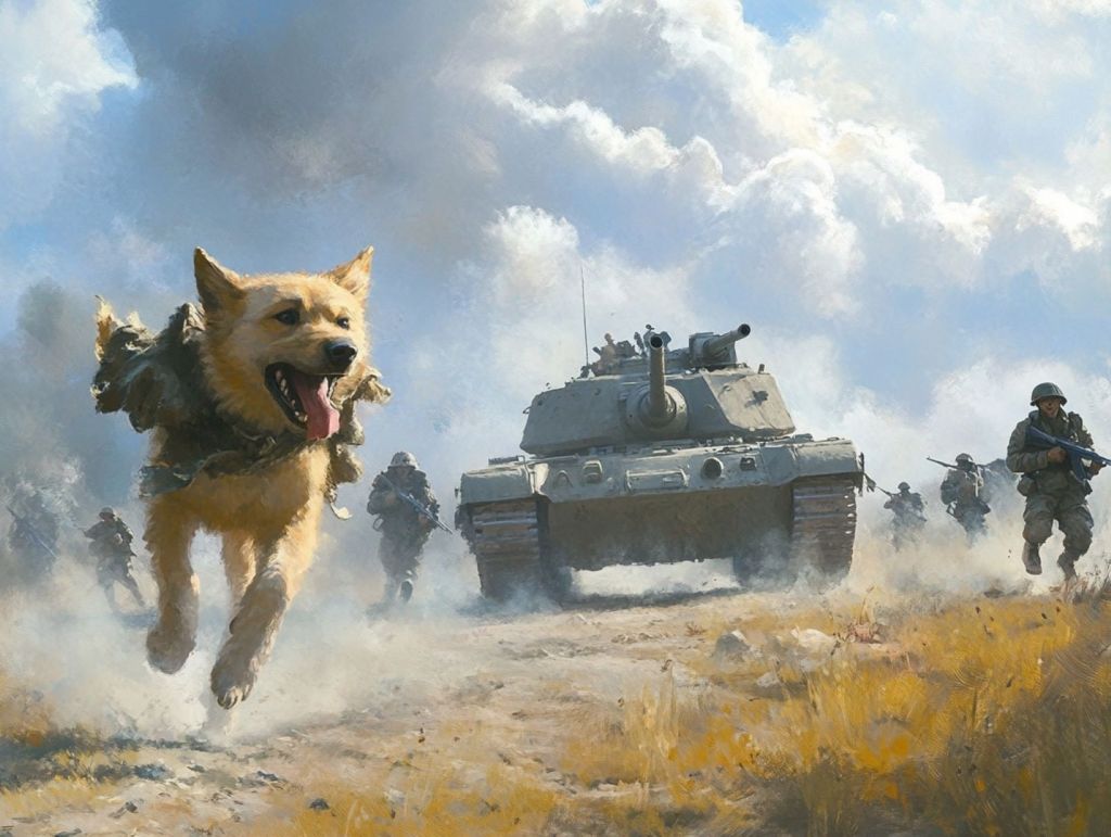 Perro corriendo junt a un tanque con soldados